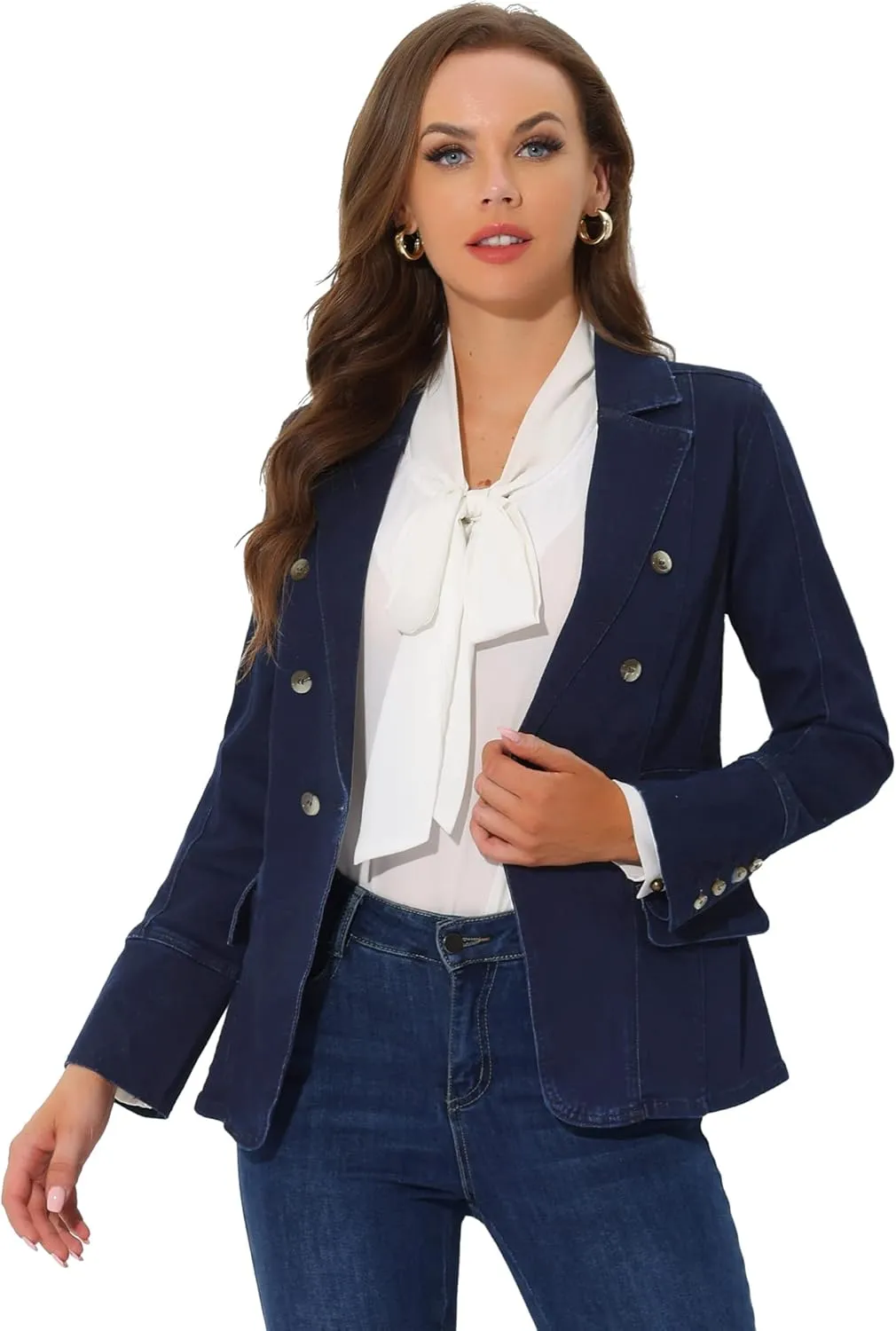 Allegra K Women's Jean Jacket Button Down Notched Lapel Long Sleeve Work Office Denim Blazer Jacket
