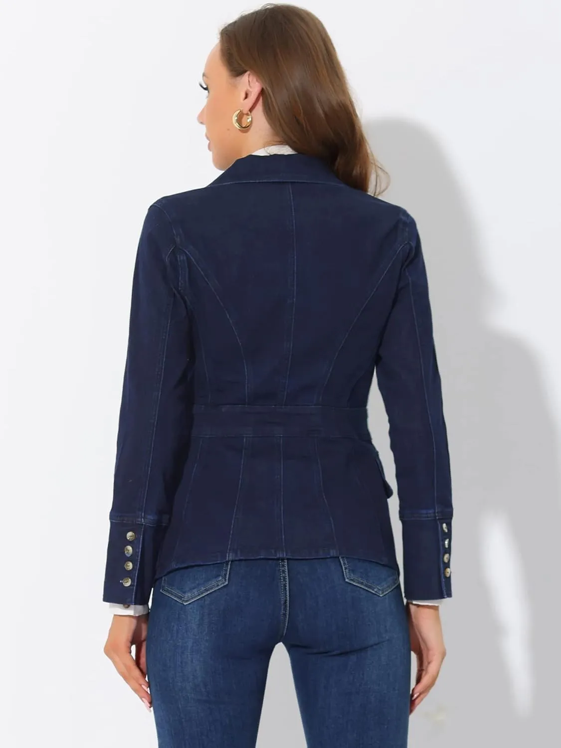 Allegra K Women's Jean Jacket Button Down Notched Lapel Long Sleeve Work Office Denim Blazer Jacket