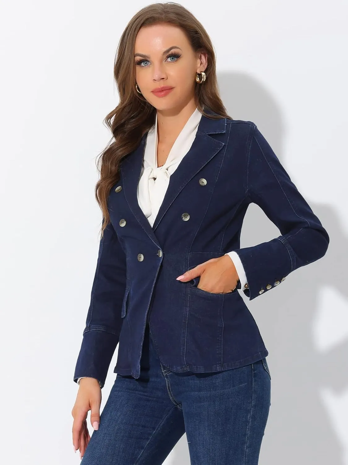 Allegra K Women's Jean Jacket Button Down Notched Lapel Long Sleeve Work Office Denim Blazer Jacket