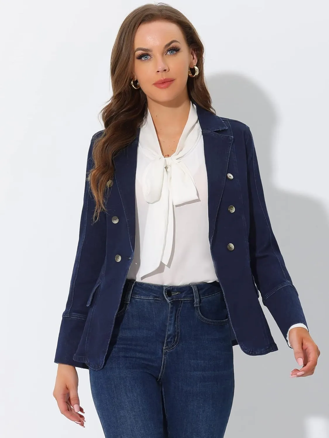 Allegra K Women's Jean Jacket Button Down Notched Lapel Long Sleeve Work Office Denim Blazer Jacket