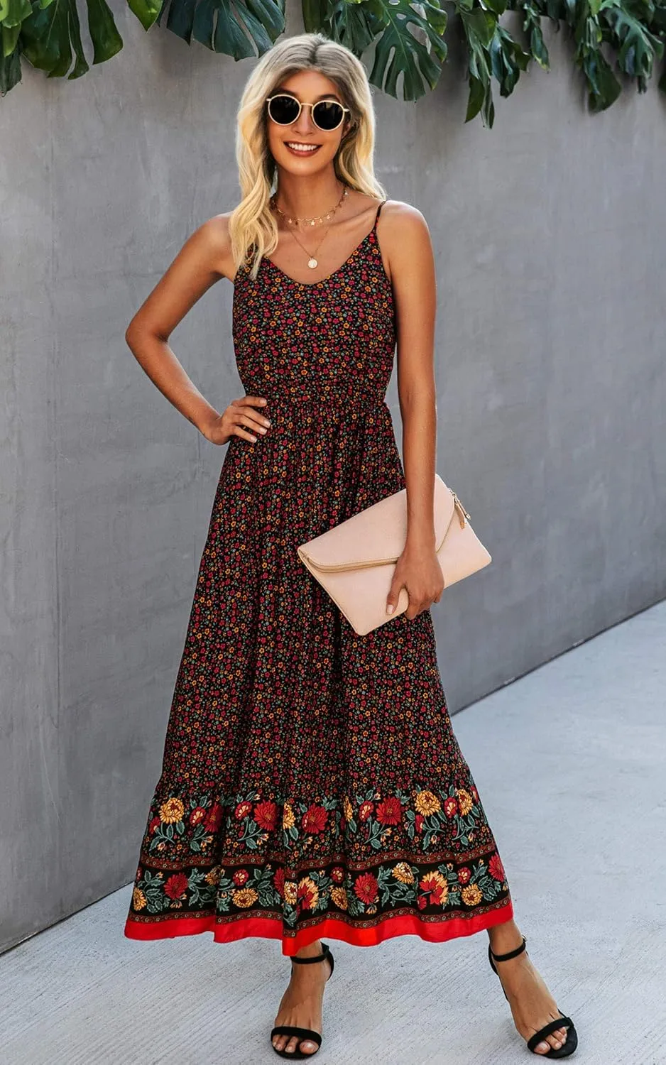 Angashion Women's Dresses Floral Adjustable Spaghetti Strap V Neck Boho Long Maxi Dress Summer Beach Flowy Ethnic Sundress