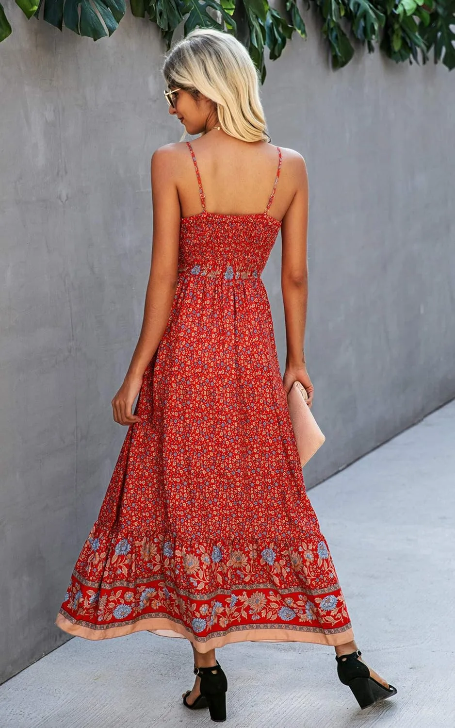 Angashion Women's Dresses Floral Adjustable Spaghetti Strap V Neck Boho Long Maxi Dress Summer Beach Flowy Ethnic Sundress