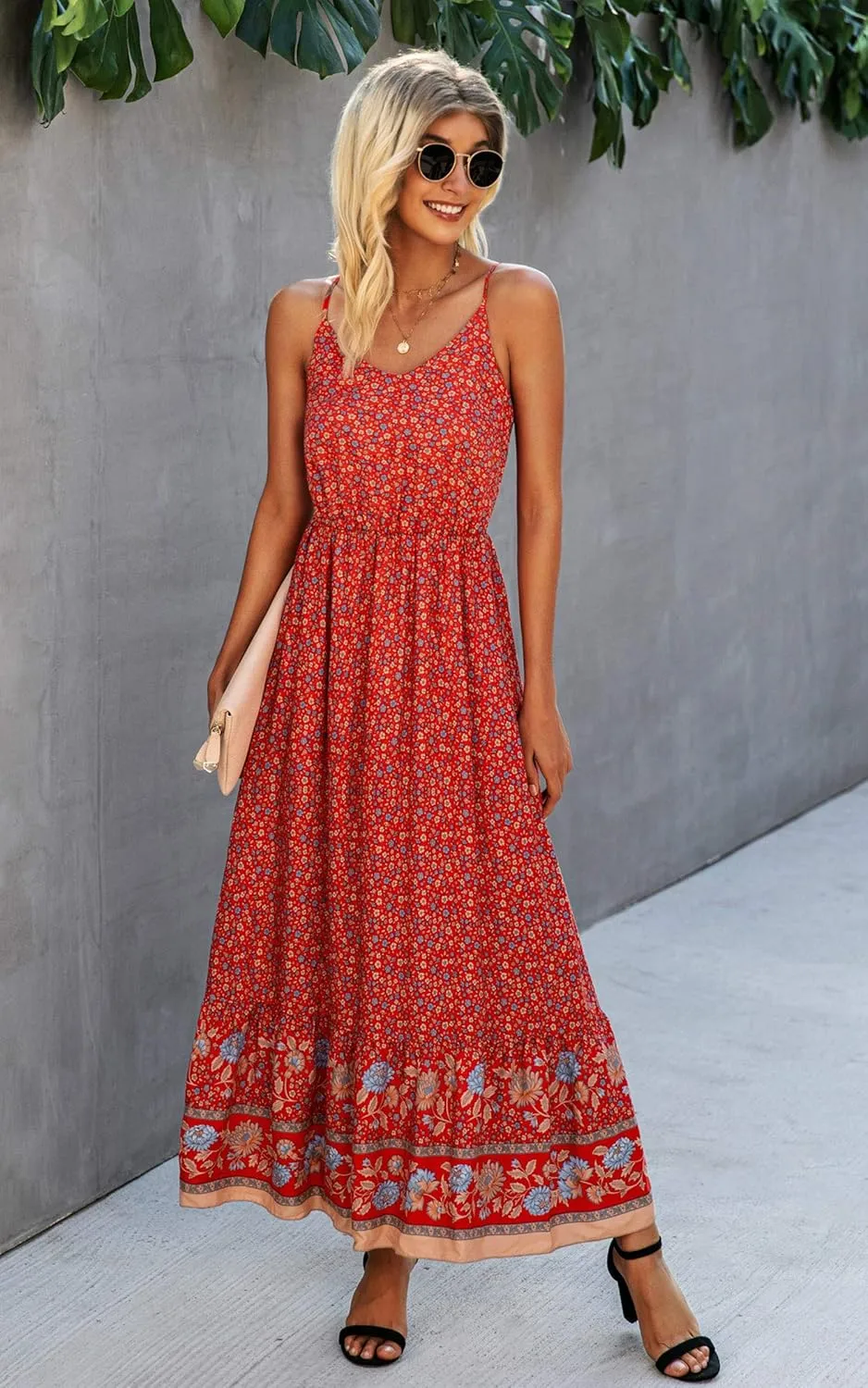 Angashion Women's Dresses Floral Adjustable Spaghetti Strap V Neck Boho Long Maxi Dress Summer Beach Flowy Ethnic Sundress