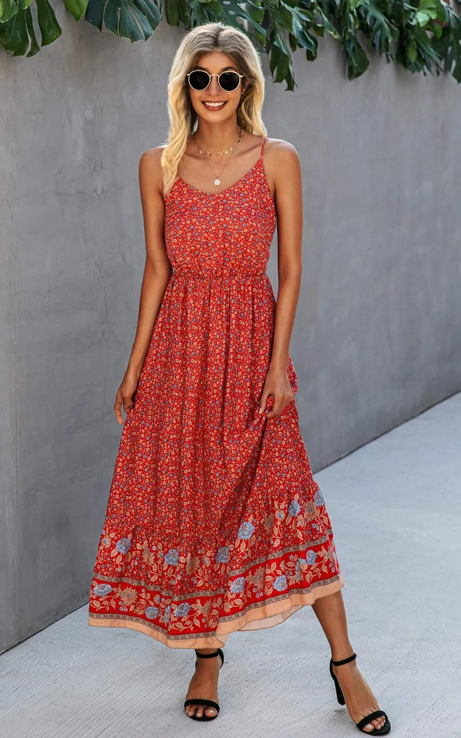 Angashion Women's Dresses Floral Adjustable Spaghetti Strap V Neck Boho Long Maxi Dress Summer Beach Flowy Ethnic Sundress