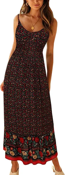 Angashion Women's Dresses Floral Adjustable Spaghetti Strap V Neck Boho Long Maxi Dress Summer Beach Flowy Ethnic Sundress