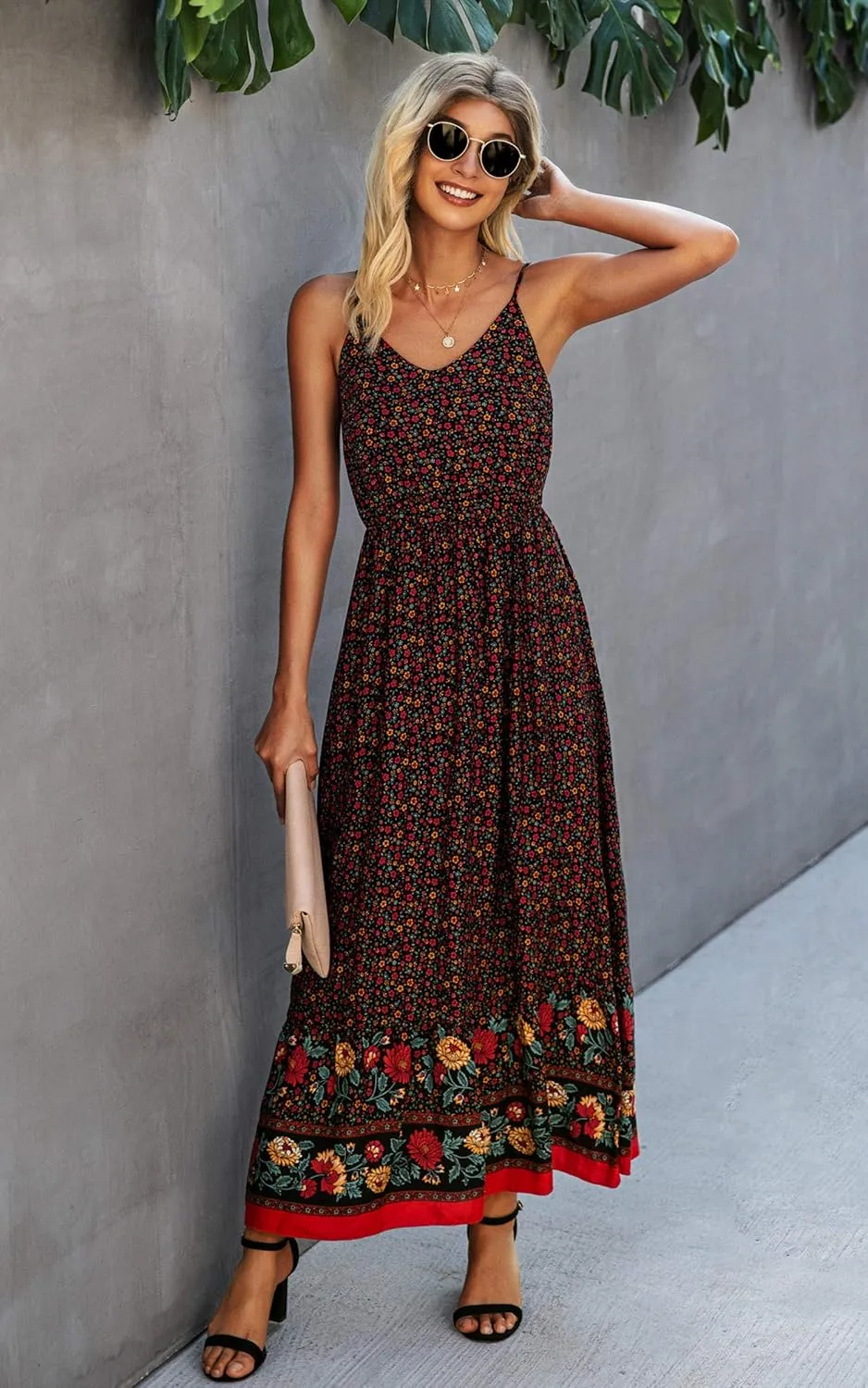 Angashion Women's Dresses Floral Adjustable Spaghetti Strap V Neck Boho Long Maxi Dress Summer Beach Flowy Ethnic Sundress