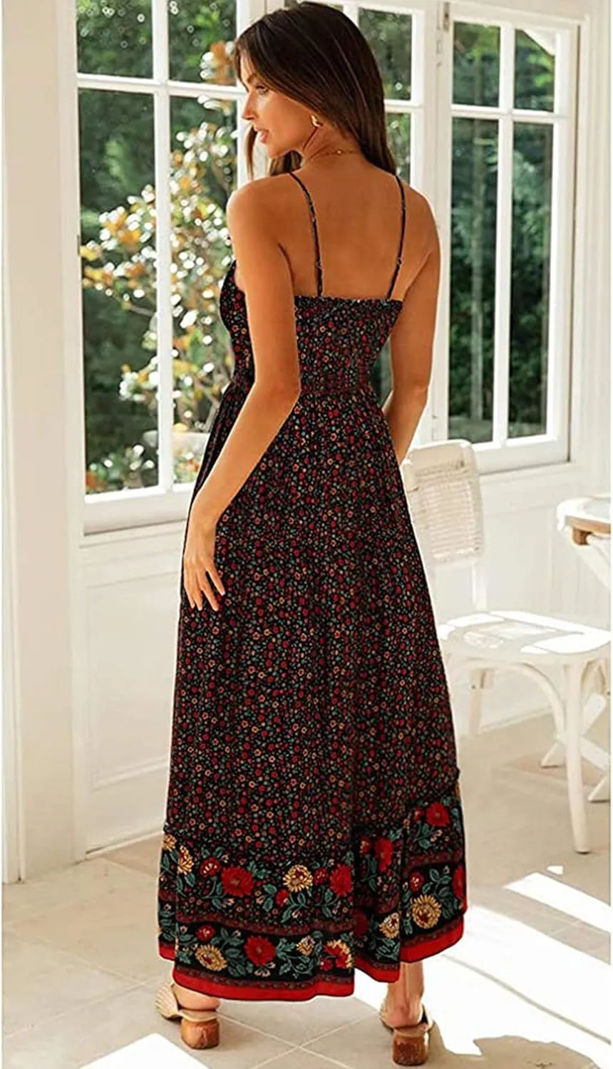 Angashion Women's Dresses Floral Adjustable Spaghetti Strap V Neck Boho Long Maxi Dress Summer Beach Flowy Ethnic Sundress