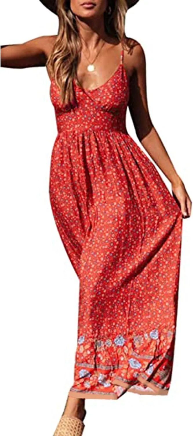 Angashion Women's Dresses Floral Adjustable Spaghetti Strap V Neck Boho Long Maxi Dress Summer Beach Flowy Ethnic Sundress