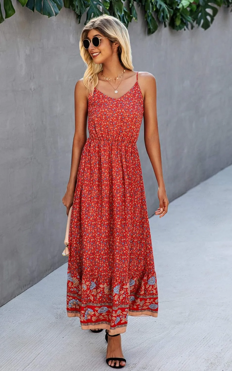 Angashion Women's Dresses Floral Adjustable Spaghetti Strap V Neck Boho Long Maxi Dress Summer Beach Flowy Ethnic Sundress