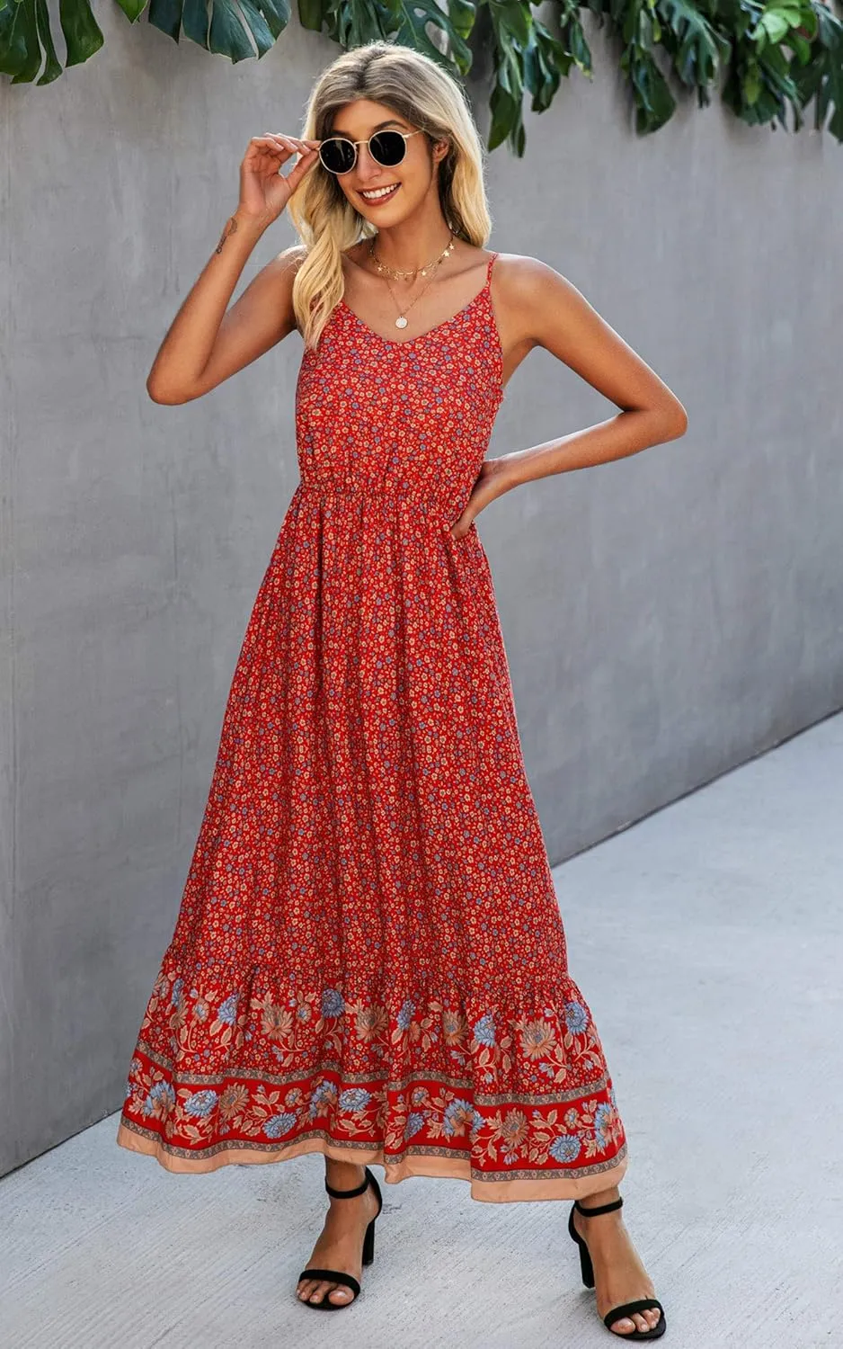 Angashion Women's Dresses Floral Adjustable Spaghetti Strap V Neck Boho Long Maxi Dress Summer Beach Flowy Ethnic Sundress