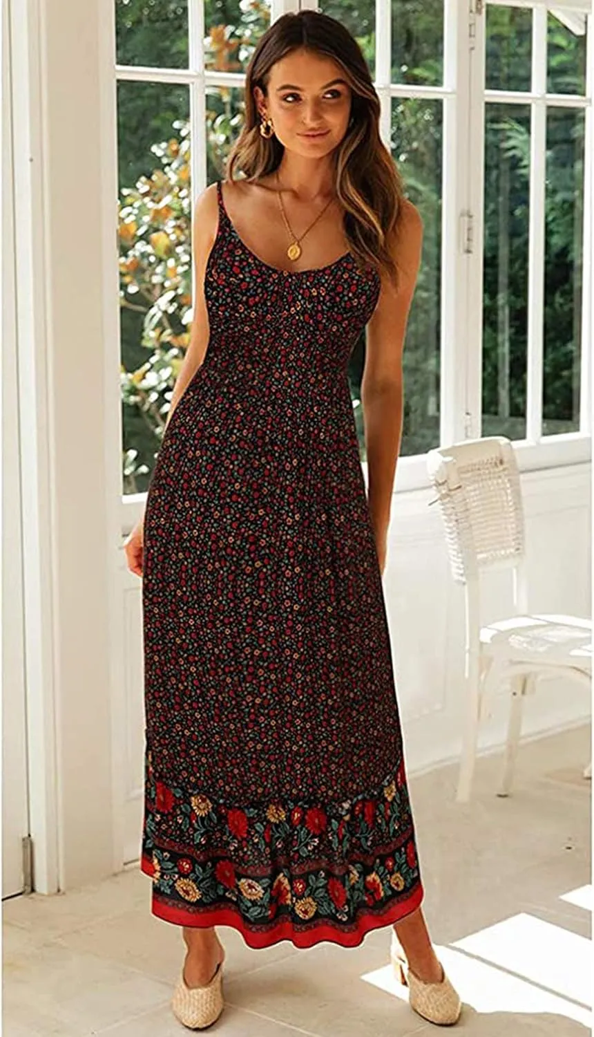 Angashion Women's Dresses Floral Adjustable Spaghetti Strap V Neck Boho Long Maxi Dress Summer Beach Flowy Ethnic Sundress