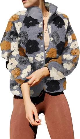 Aoang Floral Fleece Jacket Button Down Shacket Casual Sherpa Coats Warm Outwear