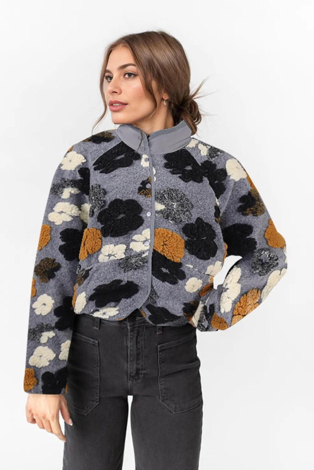 Aoang Floral Fleece Jacket Button Down Shacket Casual Sherpa Coats Warm Outwear