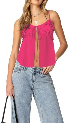 Bocymolay Women Y2k Sequin Cami Tank Top Open Tie Front Sparkle Glitter Backless Shirts Going Out Party Clubwear