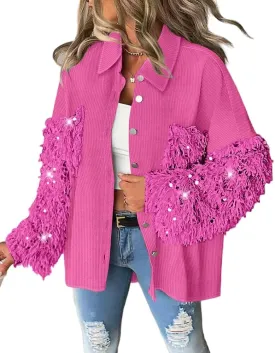 CHICME Women's Casual Oversized Button Down Corduroy Shirt Jacket Long Sleeve Shacket with Fringe