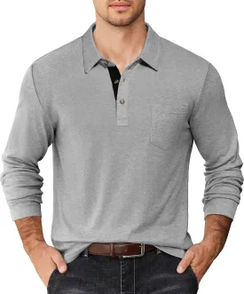 COOFANDY Men's Long Sleeve Polo Shirt Casual Dress Button Polo T Shirt with Pocket Basic Lightweight Collared Golf Shirt