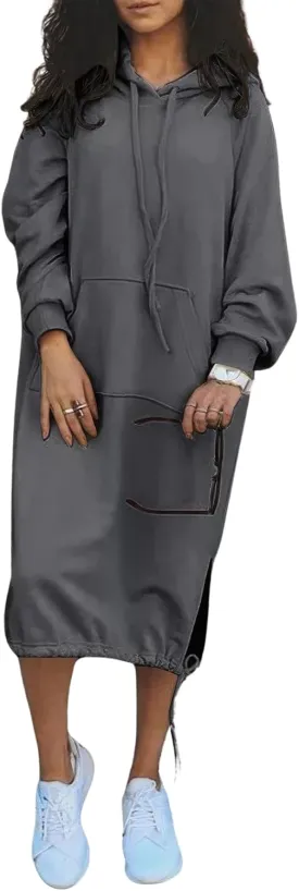 ebossy Women's Casual Loose Solid Color Drawstring Hoodie Fall Warm Fleece Sweatshirt Maxi Dress with Pocket