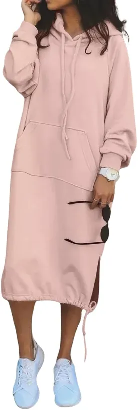 ebossy Women's Casual Loose Solid Color Drawstring Hoodie Fall Warm Fleece Sweatshirt Maxi Dress with Pocket