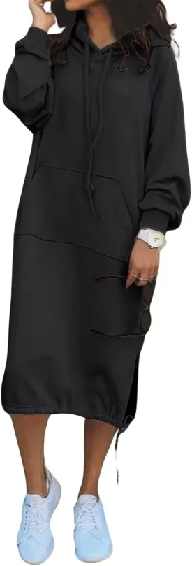 ebossy Women's Casual Loose Solid Color Drawstring Hoodie Fall Warm Fleece Sweatshirt Maxi Dress with Pocket