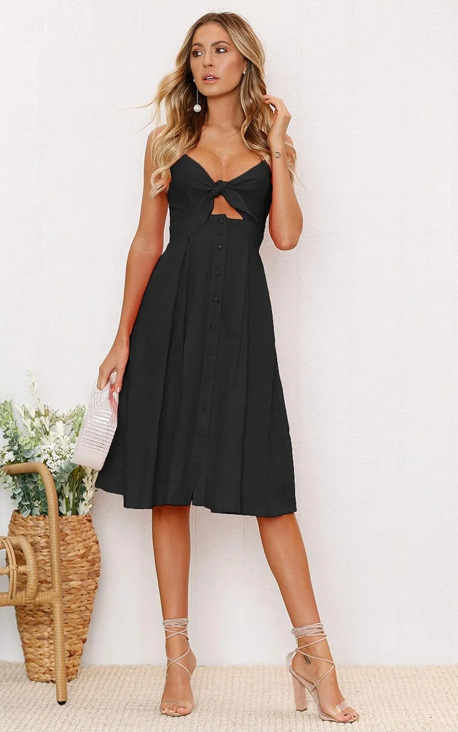 ECOWISH Women 2025 Summer Dresses Tie Front V-Neck Spaghetti Strap Button Down A-Line Backless Swing Midi Dress