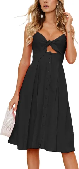 ECOWISH Women 2025 Summer Dresses Tie Front V-Neck Spaghetti Strap Button Down A-Line Backless Swing Midi Dress