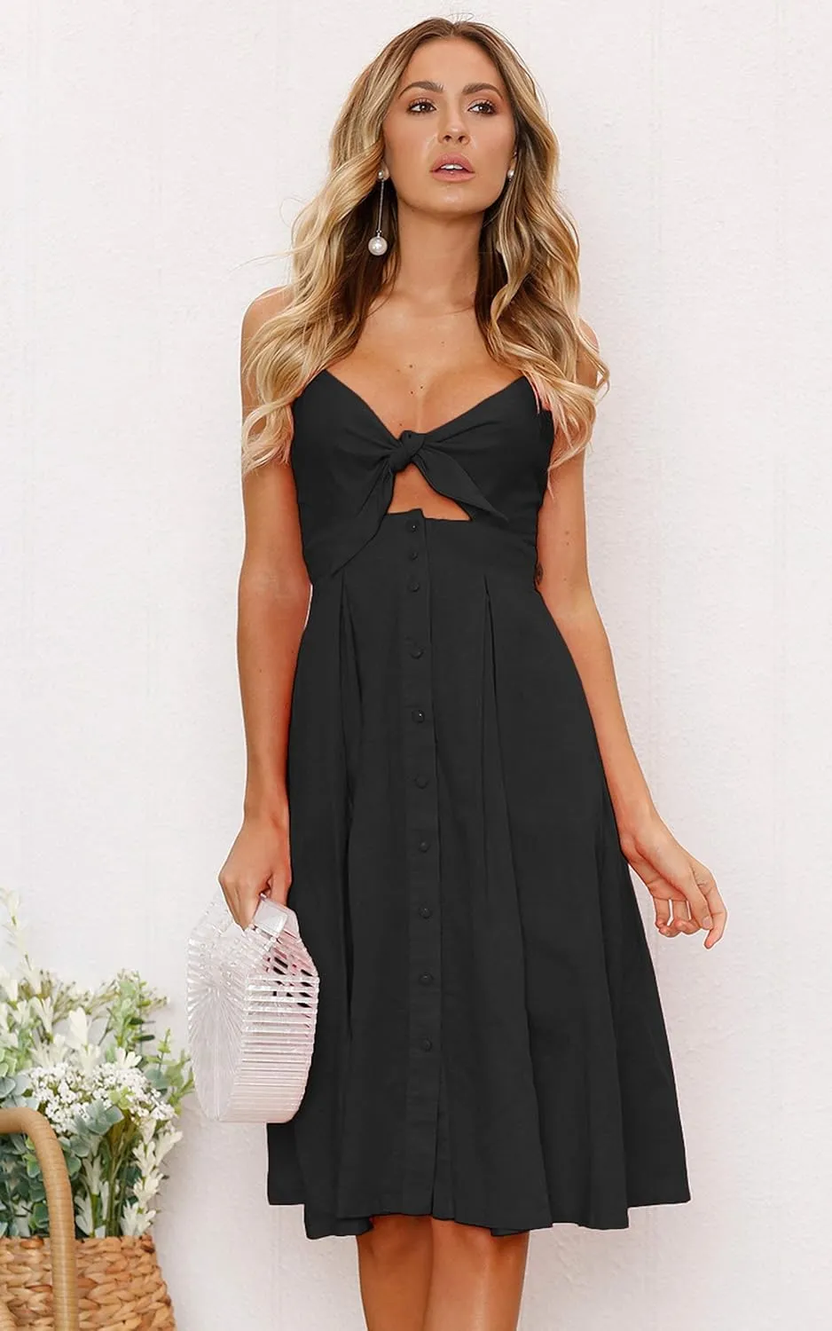 ECOWISH Women 2025 Summer Dresses Tie Front V-Neck Spaghetti Strap Button Down A-Line Backless Swing Midi Dress