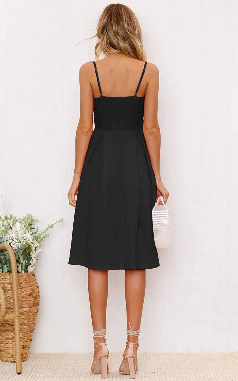 ECOWISH Women 2025 Summer Dresses Tie Front V-Neck Spaghetti Strap Button Down A-Line Backless Swing Midi Dress