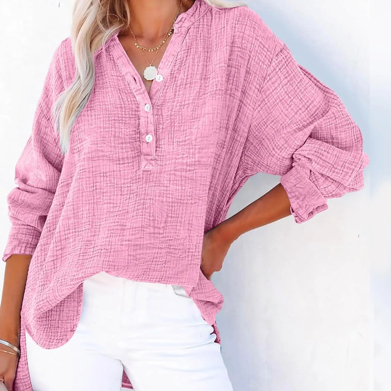 Linen Shirts for Women Casual Button V Neck Long Sleeve Shirts Oversized Solid Blouses Tops for Women Trendy Summer