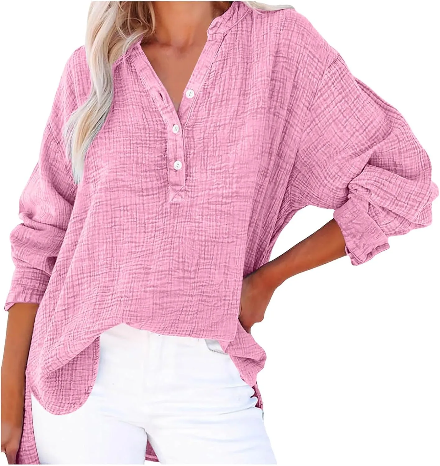 Linen Shirts for Women Casual Button V Neck Long Sleeve Shirts Oversized Solid Blouses Tops for Women Trendy Summer
