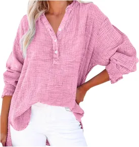 Linen Shirts for Women Casual Button V Neck Long Sleeve Shirts Oversized Solid Blouses Tops for Women Trendy Summer