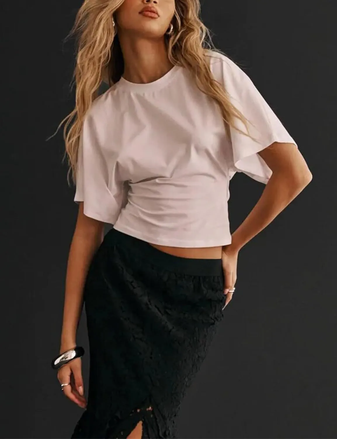 Lumister Shirts for Womens Crewneck Tighten Waist T-Shirt Casual Short Sleeve Workout Tops Solid Color Basic Tees
