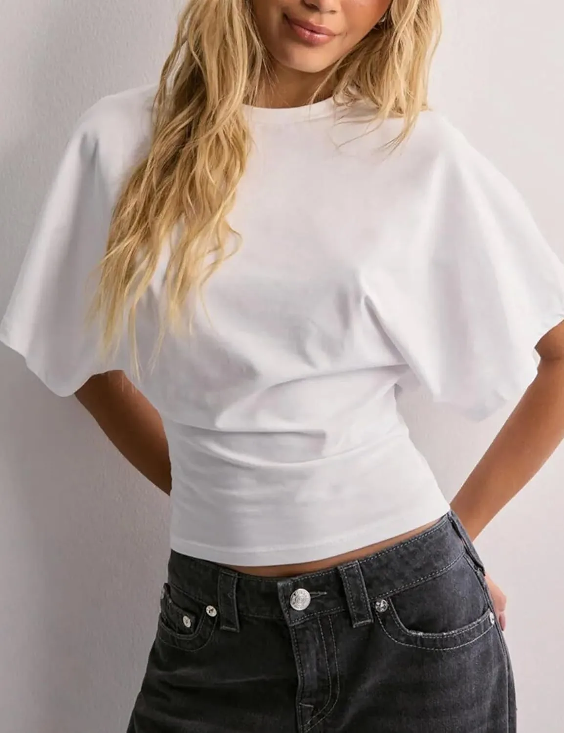 Lumister Shirts for Womens Crewneck Tighten Waist T-Shirt Casual Short Sleeve Workout Tops Solid Color Basic Tees