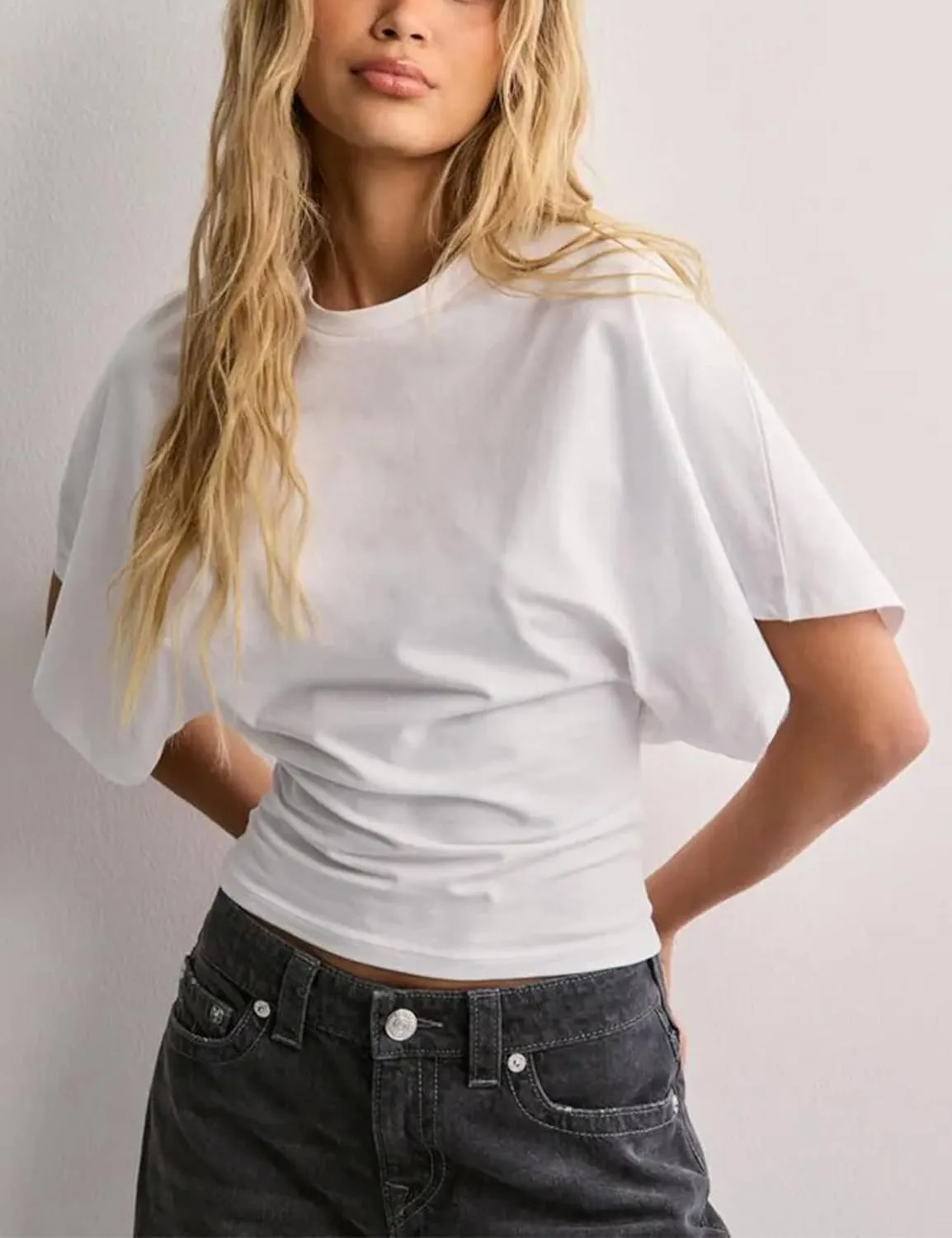 Lumister Shirts for Womens Crewneck Tighten Waist T-Shirt Casual Short Sleeve Workout Tops Solid Color Basic Tees