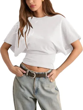 Lumister Shirts for Womens Crewneck Tighten Waist T-Shirt Casual Short Sleeve Workout Tops Solid Color Basic Tees