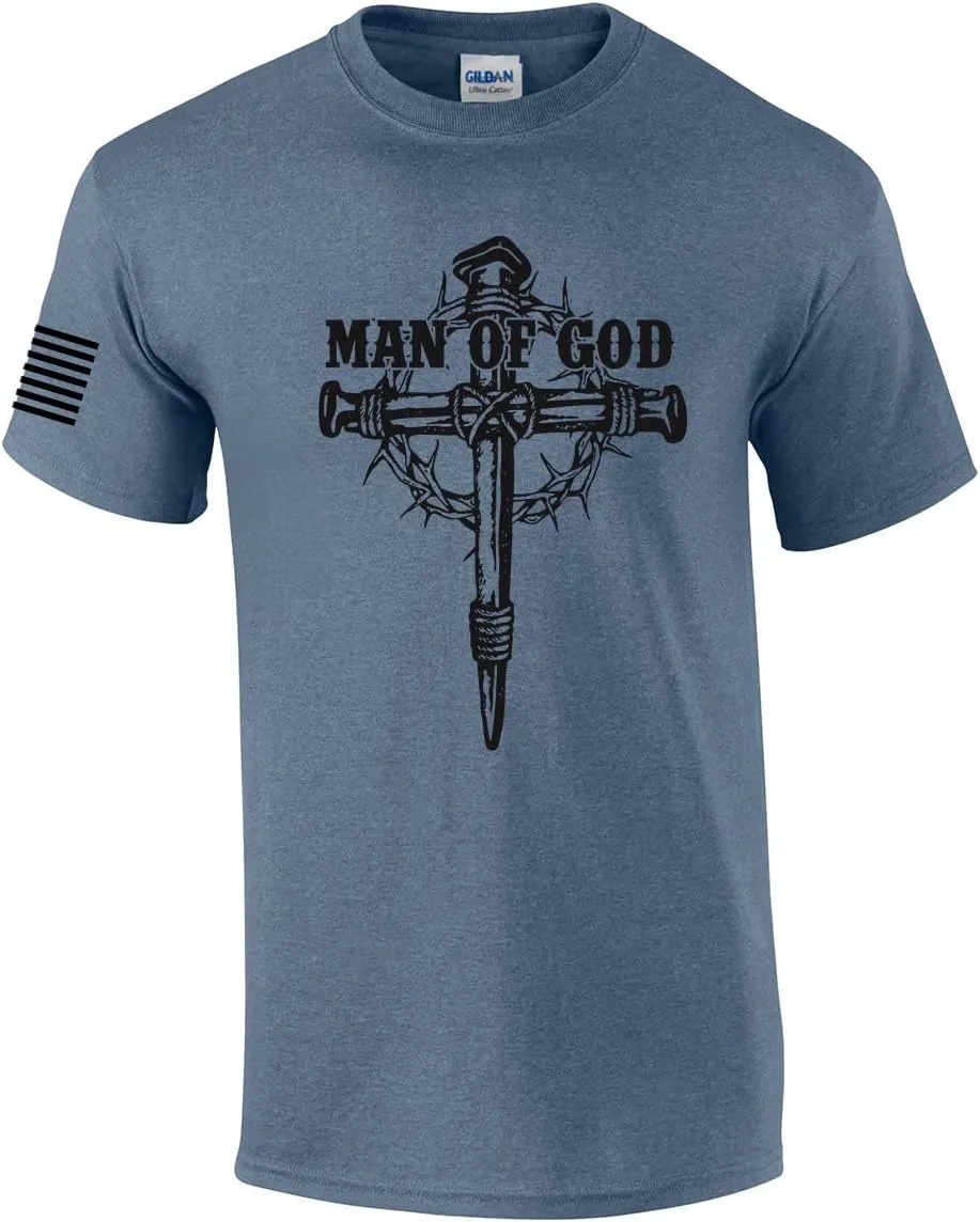 Man of God Nail Cross Crown of Thorns Mens Christian Short Sleeve T-Shirt Graphic Tee