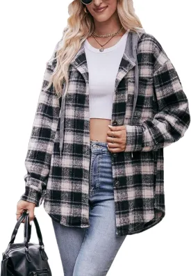 Mingzhu Womens Flannel Plaid Hoodie Jacket Shacket Oversized Button Down Coat