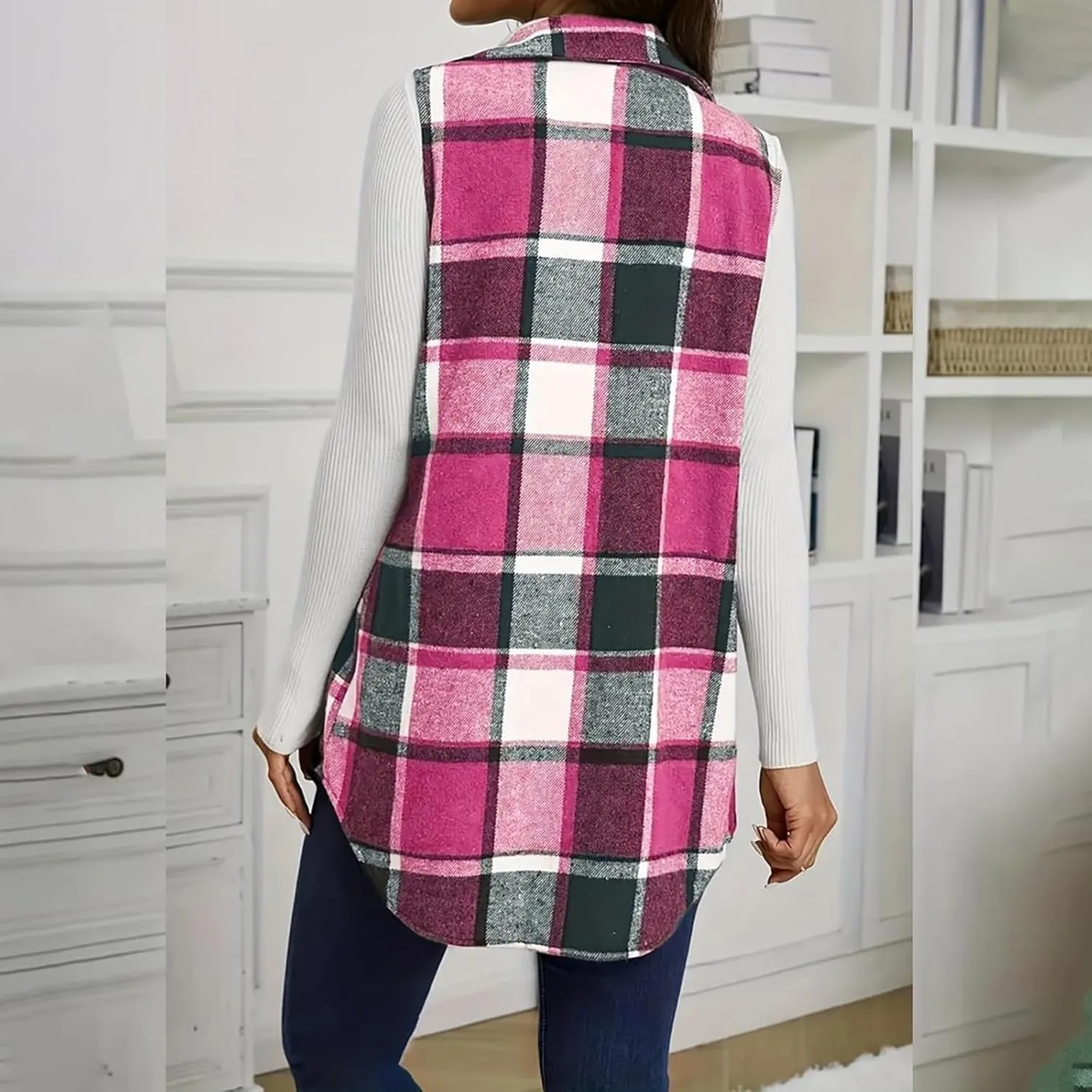 Mmoneyake Plaid Vest for Women Fall Button Down Shirt Jacket Sleeveless Shacket Lightweight Lapel Neck Coat Casual Outwear