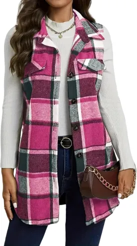 Mmoneyake Plaid Vest for Women Fall Button Down Shirt Jacket Sleeveless Shacket Lightweight Lapel Neck Coat Casual Outwear