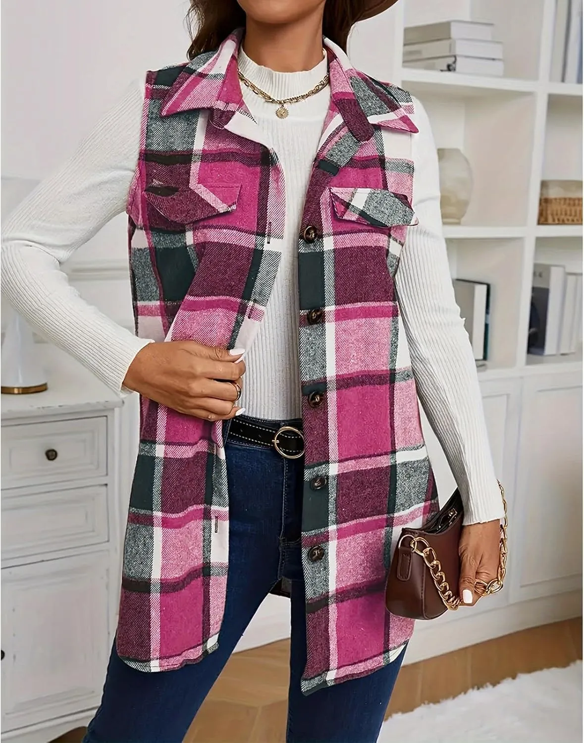 Mmoneyake Plaid Vest for Women Fall Button Down Shirt Jacket Sleeveless Shacket Lightweight Lapel Neck Coat Casual Outwear