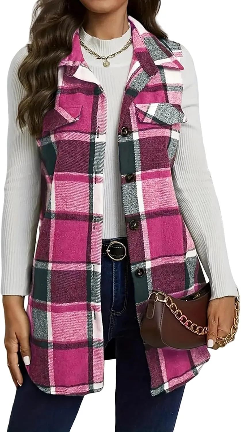 Mmoneyake Plaid Vest for Women Fall Button Down Shirt Jacket Sleeveless Shacket Lightweight Lapel Neck Coat Casual Outwear