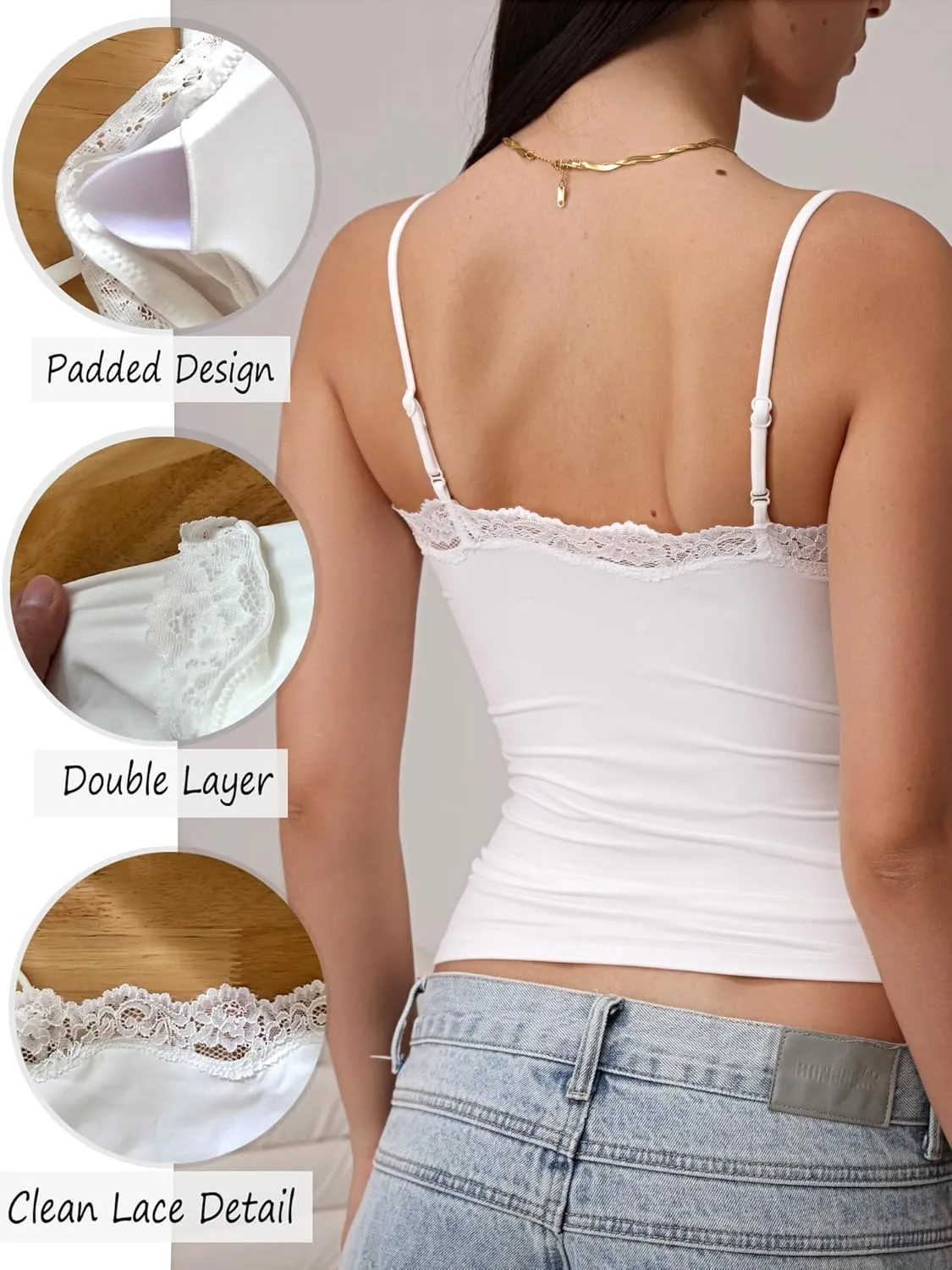 Starrylion Padded Lace Cami Top Double Lined Sexy Tank Top Spaghetti Strap Club Party Shirt