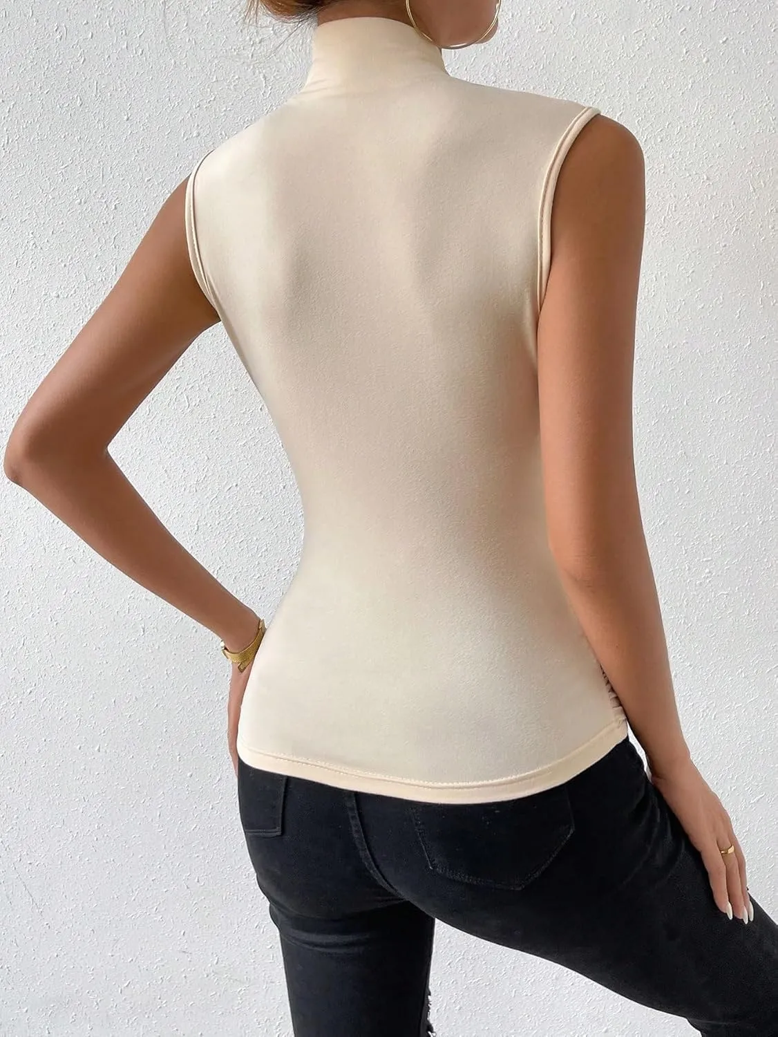 SweatyRocks Women's Ruched Wrap Mock Neck Tank Tops Casual Sleeveless Solid Slim Fit Tank Top
