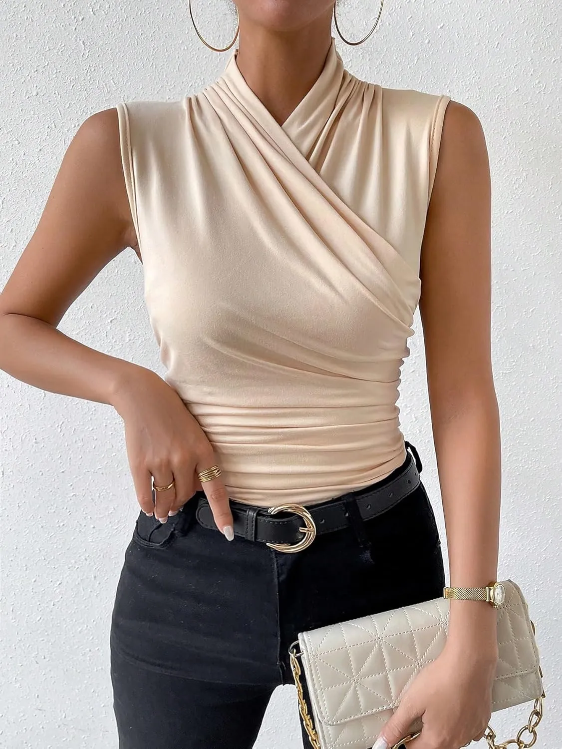 SweatyRocks Women's Ruched Wrap Mock Neck Tank Tops Casual Sleeveless Solid Slim Fit Tank Top