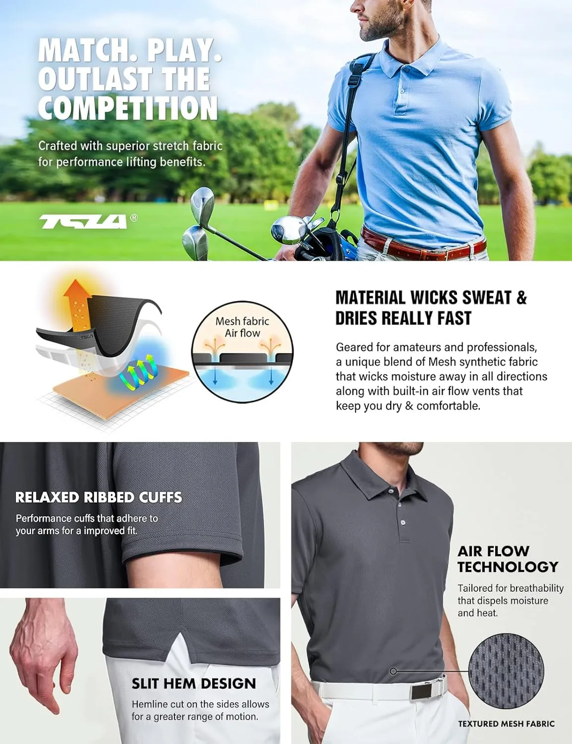 TSLA Men's Short Sleeve Polo Shirts, Regular fit Quick Dry Golf Shirts, Sports Performance Dri Flex Tech Solid Top Shirts