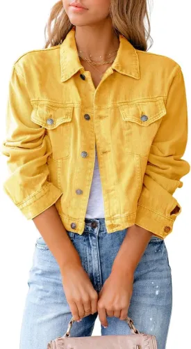 utcoco Women's Cropped Jean Jacket Long Sleeve Casual Button Down Denim Jacket