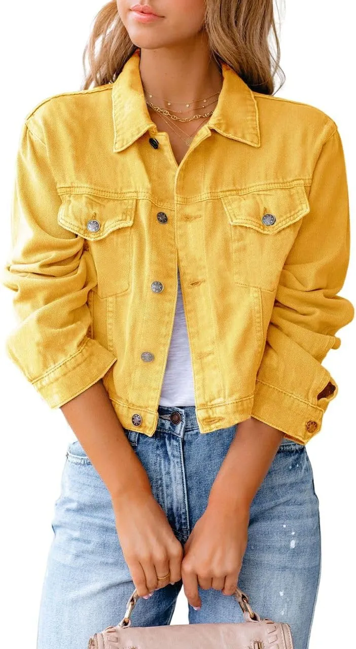 utcoco Women's Cropped Jean Jacket Long Sleeve Casual Button Down Denim Jacket