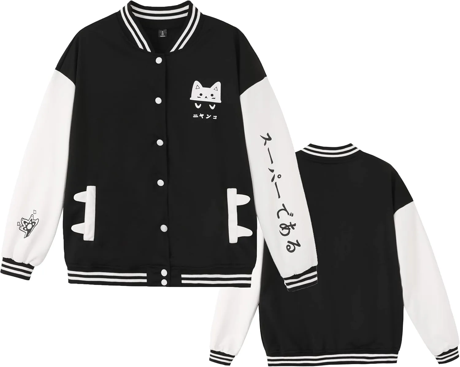 Varsity Jacket Women's Cute Cat Print Baseball Jacket Bomber Coat Button Down Casual Outwear