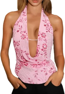 Women Sequin Plunge Neck Halter Cami Top Rhinestone Glitter Floral Sleeveless Tank Top Sparkly Sexy Streetwear