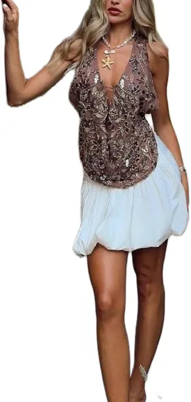 Women Sequin Plunge Neck Halter Cami Top Rhinestone Glitter Floral Sleeveless Tank Top Sparkly Sexy Streetwear