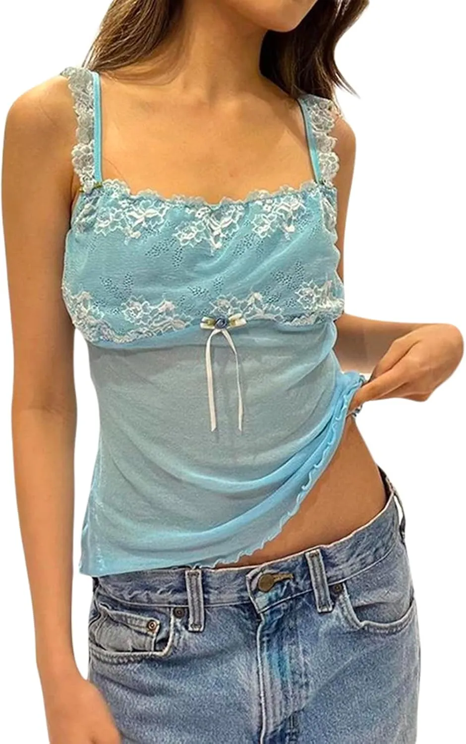Women Y2k Floral Print Camisole Fairy Cute Lace Trim Spaghetti Strap Crop Top Vintage Summer Vest Tank Top Streetwear